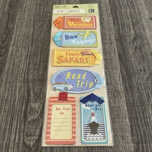 K & Company Adhesive Chipboard Stickers Luggage Tag with Ribbons Vacation Themed